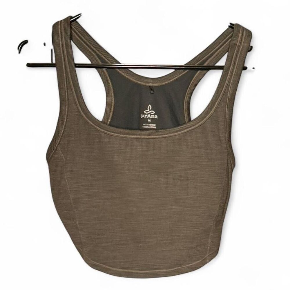 prAna Racerback Cropped Tank Top Built-In Bra Gray Ribbed Athletic Yoga Size M